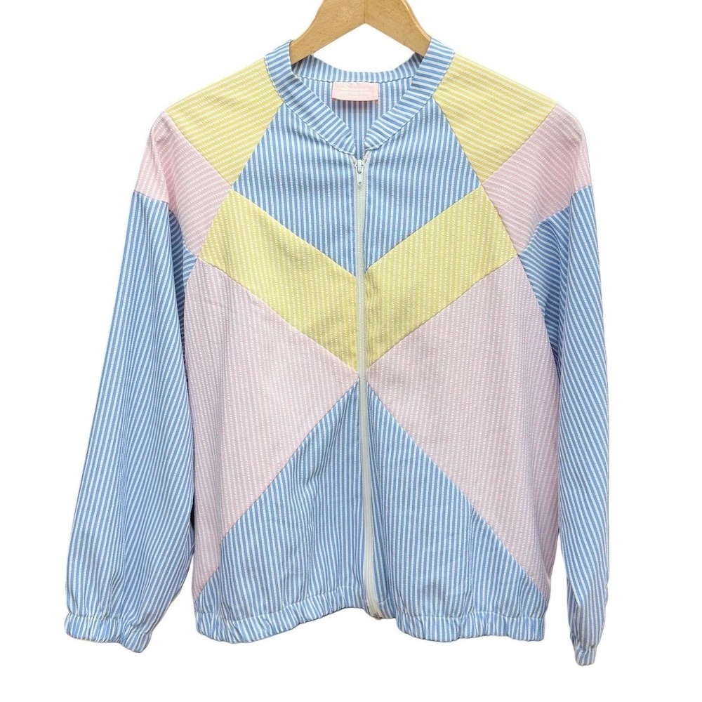 Vintage Pastel Seersucker Women XL Bomber Jacket Colorblock Striped Preppy Retro